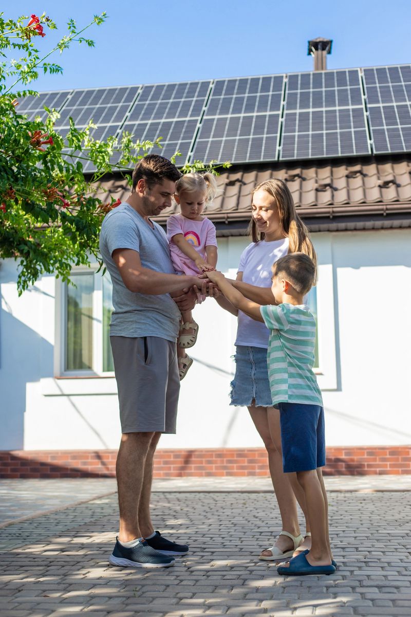 happy family on the background of a house with solar panels on the roof. Selective focus.