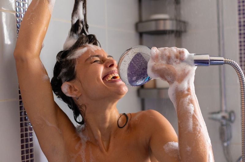 Smiling young woman taking a morning shower in the modern bathroom and singing.