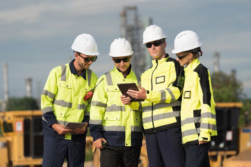 Engineer workers, Teamwork of engineers. Team of engineer standing together discussing and planning for working with digital tablet. Cooperation of workers. Unity and teamwork concept