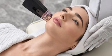 Woman receiving facial treatment with a device.