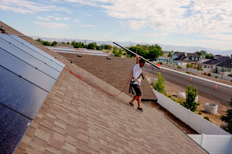A solar installer walks across a sloped residential roof carrying a solar panel, secured with a safety harness and tether line. The surrounding neighborhood, visible in the background, emphasizes a growing movement toward green technology and renewable energy in everyday communities. The image captures the action of installation work and the steady shift toward a sustainable lifestyle and environmental conservation.