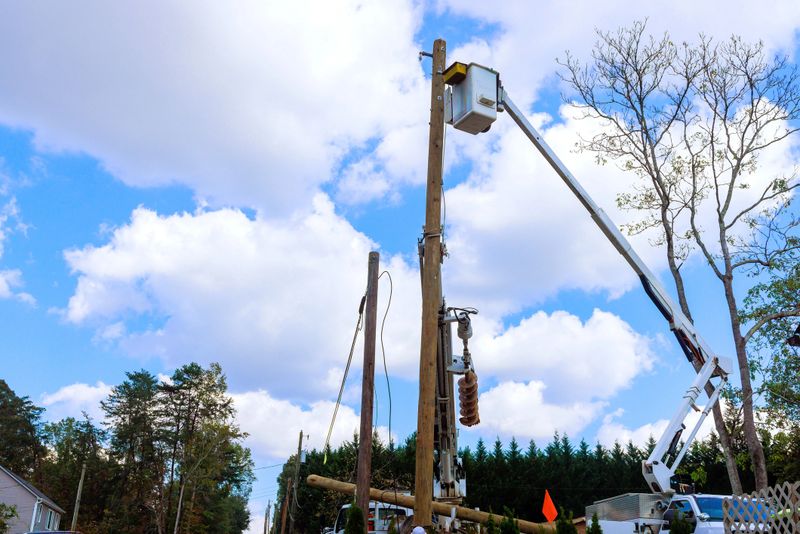 Electrical technician are using lifting platform to fix equipment on utility pole under works day