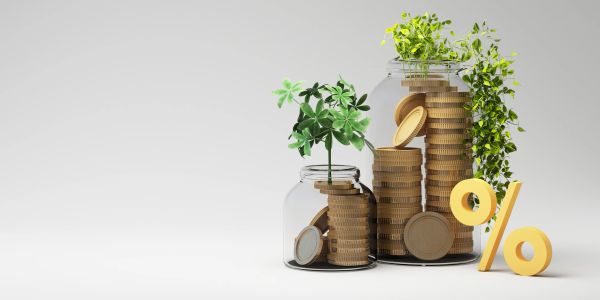 Stacks of coins growing plants symbolizing financial growth with a percentage sign.