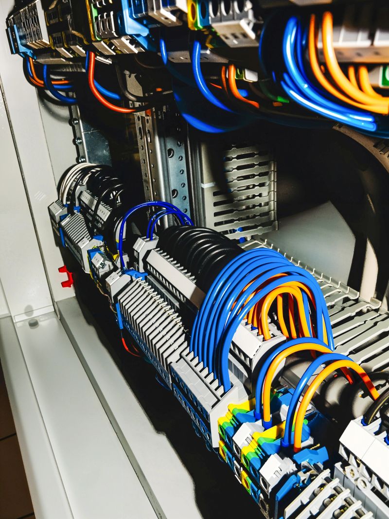 Close-up of an electrical panel with colorful wires and circuits, illustrating power distribution and control systems.