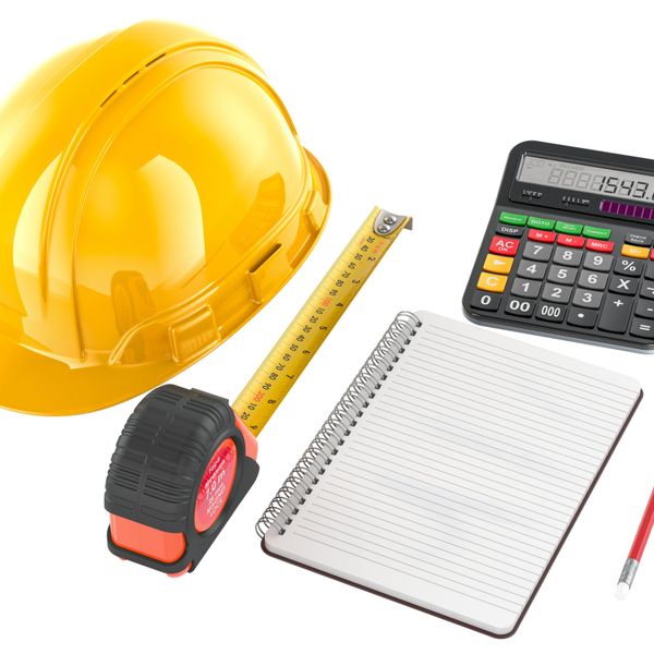 Construction tools including a yellow helmet, tape measure, calculator, notebook, and pencil.