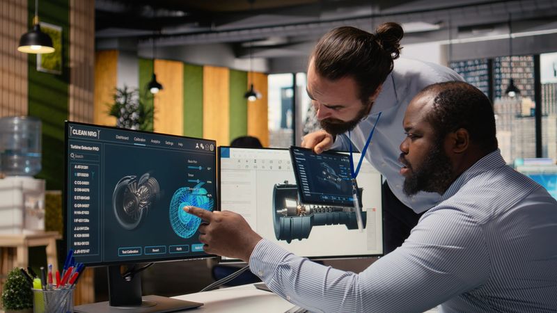 Team of engineers using CAD app to make wind turbine more sustainable, reducing carbon footprint. Teamworking RD office colleagues testing advanced materials for eco friendly windmill parts, camera A