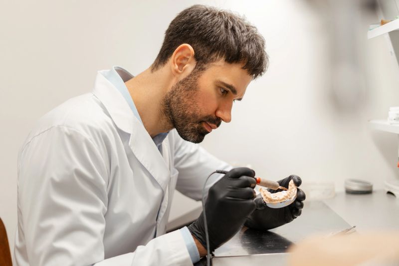Prosthetist working diligently in a dental laboratory, crafting a precise denture mold with a dental drill, focused on developing a custom prosthesis for patient care and oral health