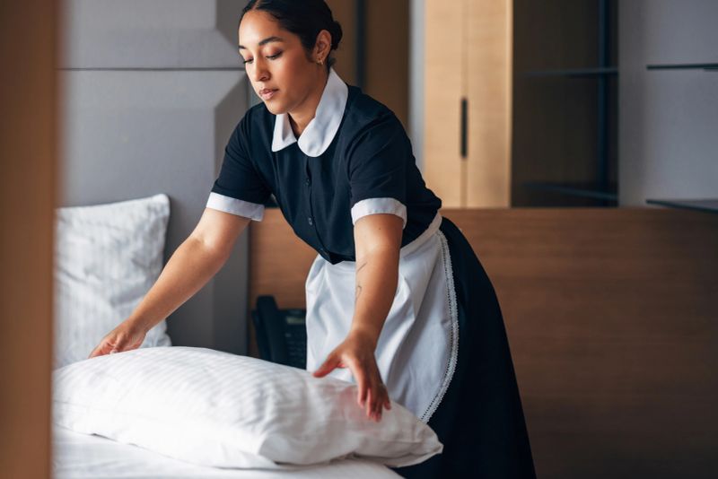 A professional housekeeper tidying a bed in a hotel room, demonstrating high-quality service and attention to detail, contributing to a clean and welcoming lodging experience through professional skills.