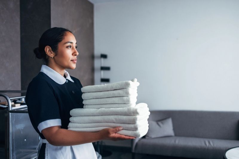 Cheerful hotel maid holding a stack of white towels, showcasing excellent service and hospitality in a modern, welcoming room. Ideal depiction for cleanliness, housekeeping, and professional service concepts.