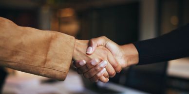 Two people shaking hands indoors.