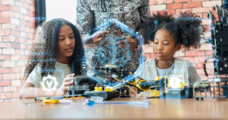 Young Girls Engaged in Robotics and STEM Learning, Diverse Kids Building a Robot Arm in a Science Workshop, Girls with a Teacher in a Robotics and AI Class