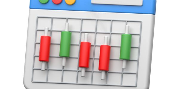 3D illustration of a stock market candlestick chart in a browser window.