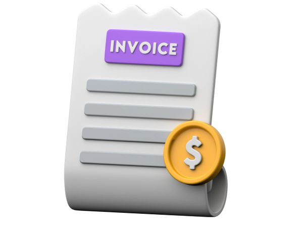 3D icon of an invoice with a dollar sign coin.