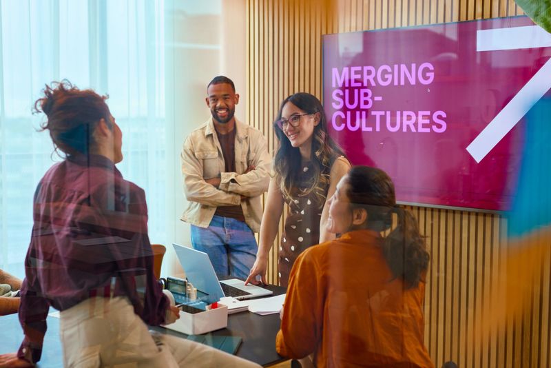 Business team working together on a project in a modern office, demonstrating teamwork and collaboration
