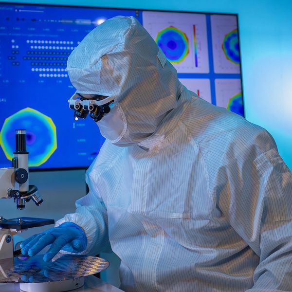 Scientist in protective suit examining a silicon wafer under a microscope in a high-tech lab.