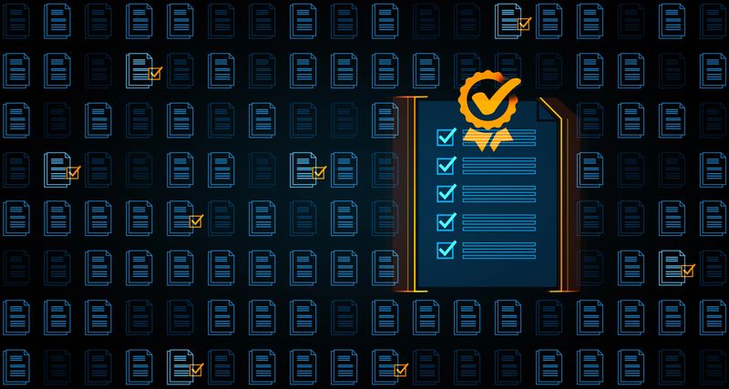 Certified document with checklist and approval badge over background of multiple digital files, glowing neon style on dark backdrop. Concept of whitelist. 3D Rendering