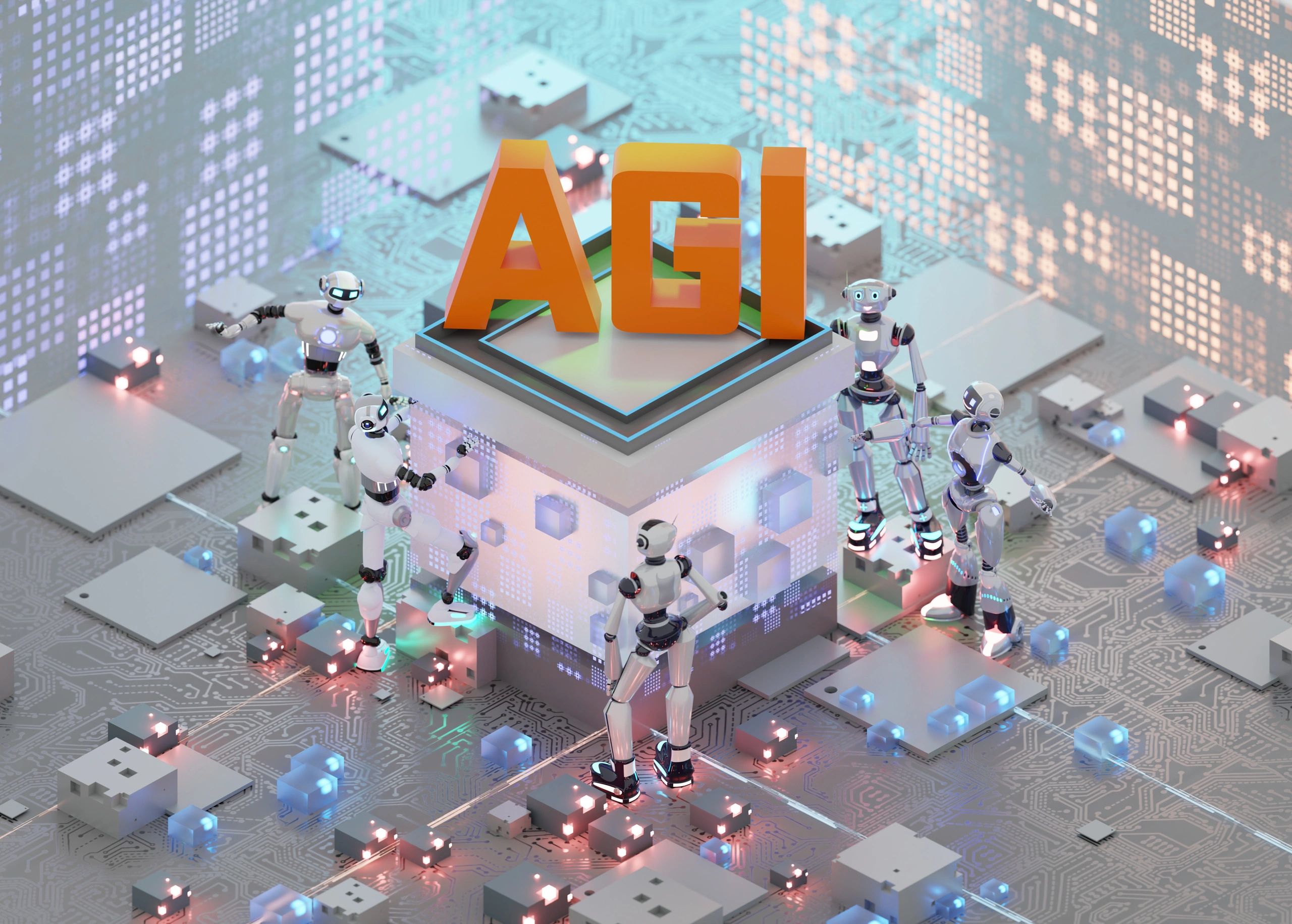 AGI Era Begins – Tiny Robots Working Inside a Motherboard, symbolising autonomous learning, machine collaboration, and the evolution of AI technology.