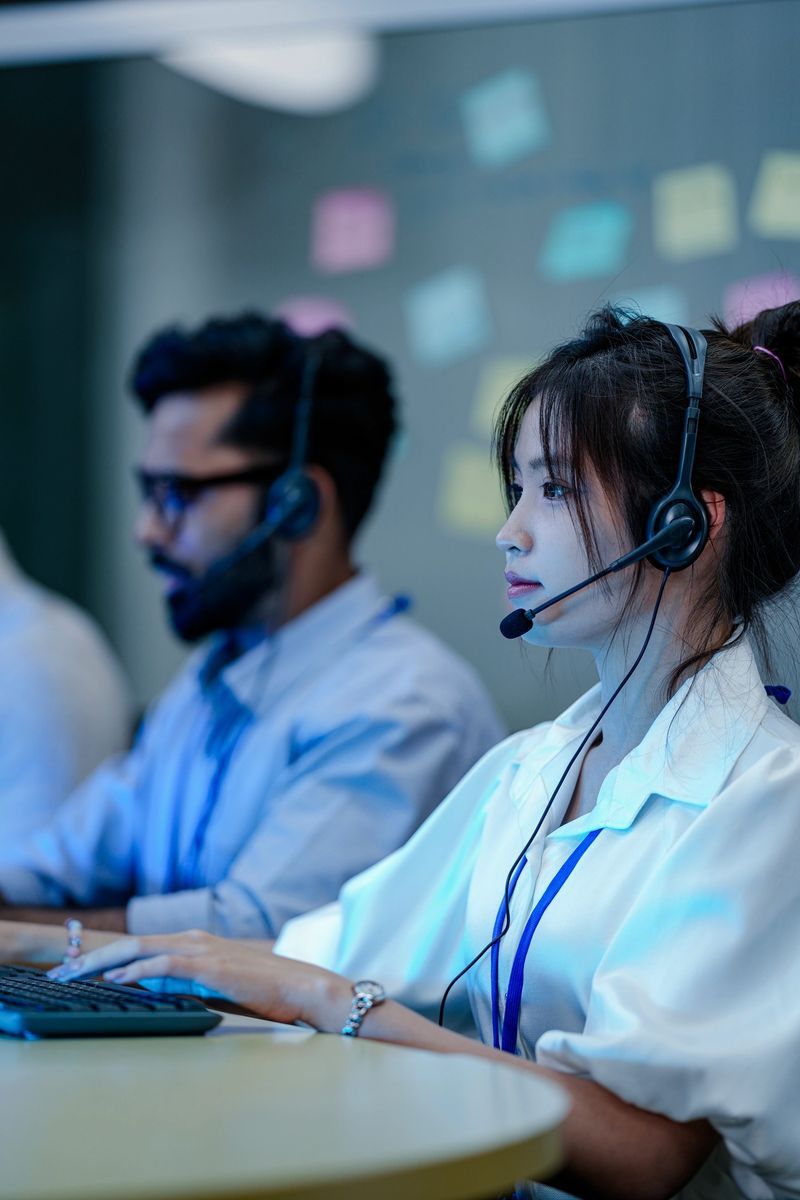 A diverse team of customer service representatives working a late shift in a modern call center. Focused operators with headsets provide all day technical support to clients.