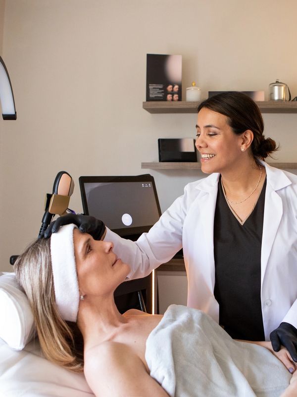 A dermatologist examining a patient's face in a clinic.