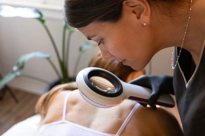 A Latin American dermatologist examines moles and lesions on her patient's back with a dermatological magnifying glass. Buenos Aires, Argentina.