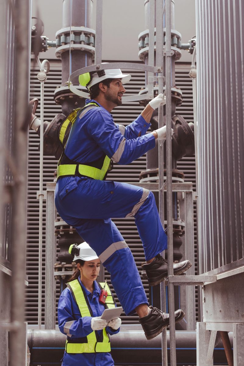 Engineer under checking the industry cooling tower air conditioner is water cooling tower air chiller HVAC of large industrial building to control air system