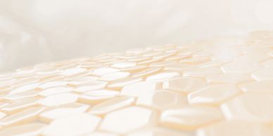 Glossy hexagonal tiles in a soft beige color with a blurred background.