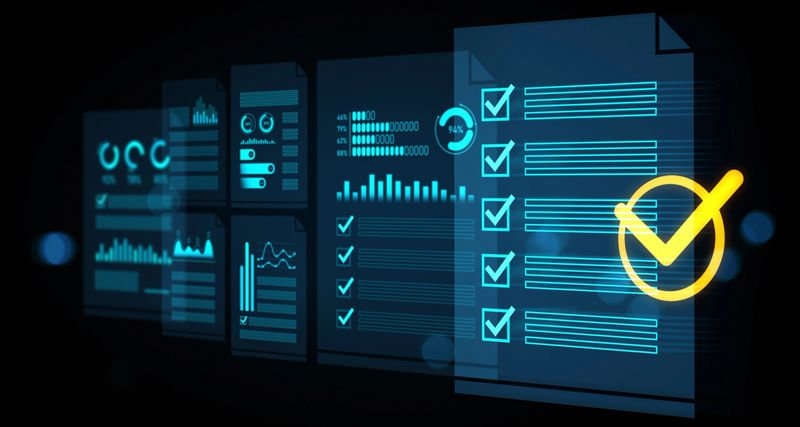 Digital checklist interface with glowing checkmarks and analytical data dashboards, futuristic graphic style, on dark background, concept of task completion. 3D Rendering