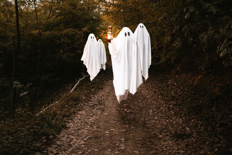 Three ghostly figures covered in white sheets with black eyes float above a forest path, one holding a lantern to light the way. Spooky Halloween scene