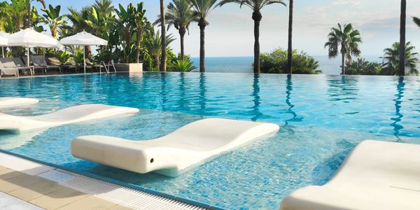 Infinity pool with lounge chairs overlooking the ocean and palm trees.