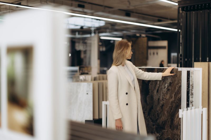 Elegant woman browsing various material options in a stylish showroom, focusing on marble textures. Perfect setting for home improvement concepts and modern interior designs.