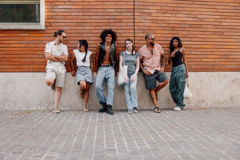 Six young people enjoying a relaxed walk outdoors, reflecting a modern, carefree lifestyle in the city.