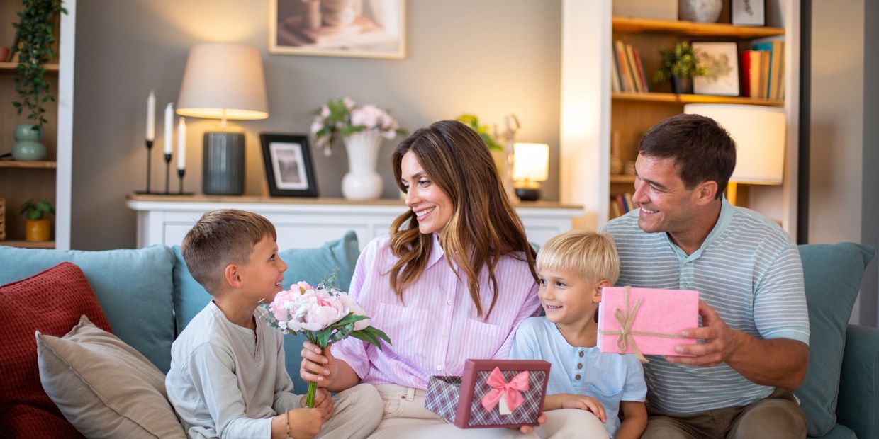 
Happy family giving gifts on the couch, sharing a warm moment in a bright and cozy living room.