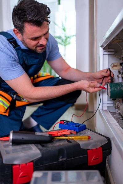 Technician testing electrical equipment.