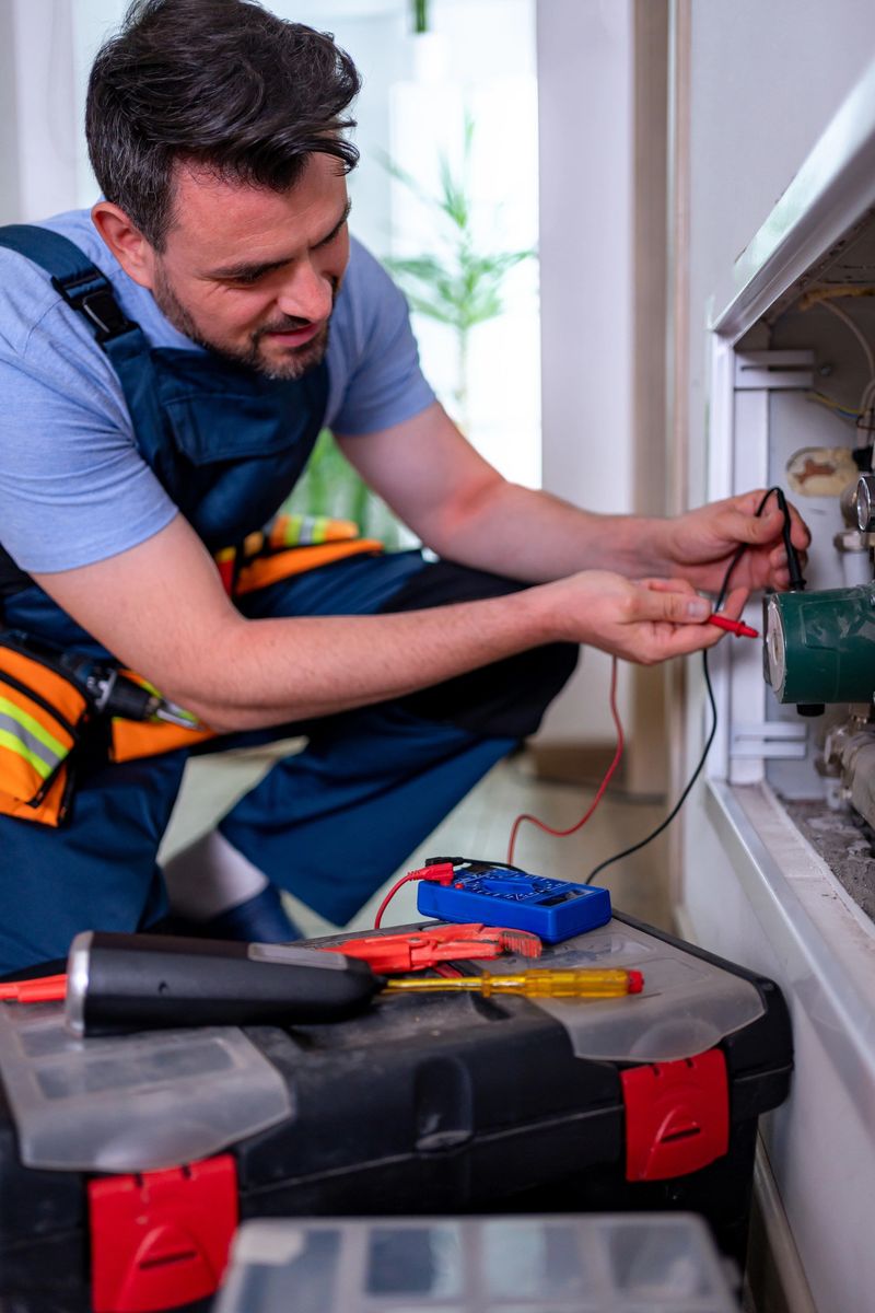 A skilled handyman works on a heating unit, using tools to ensure proper functionality and repair.
