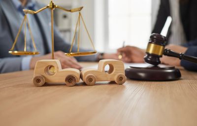 Wooden car models, gavel, and scales of justice on a lawyer's desk.