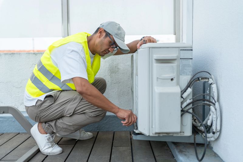 Technician Performing Maintenance On An Outdoor Air Conditioning Unit