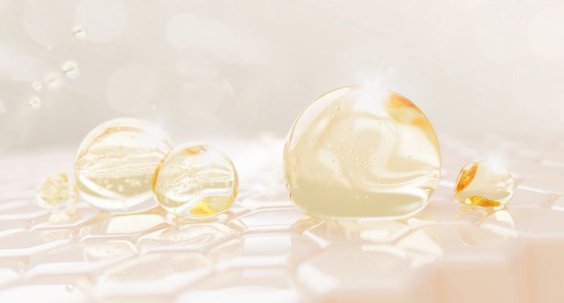 Collagen elastin serum drops on epidermis skin layer with hexagon cell pattern for skincare. Gold gel cream oil bubbles, yellow honey mask, liquid cosmetic balls with peptide, enzyme. 3D illustration