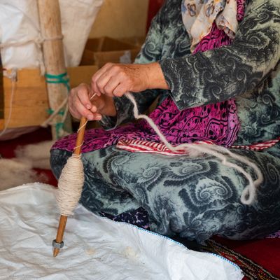 Hands spinning wool with a drop spindle.