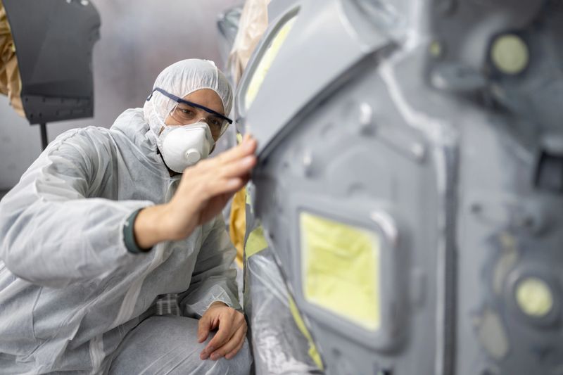 An auto body painter is inspecting a car panel paint job while wearing protective gear in a workshop setting. The individual is focused and meticulous, ensuring the quality and finish of the vehicle's surface.