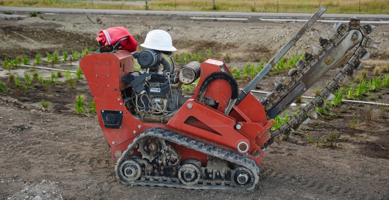Red trencher machine with steel tracks at construction site. Industrial equipment designed for digging trenches in soil for utilities and groundwork