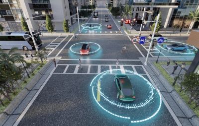 Smart cars with digital safety zones navigate city streets.