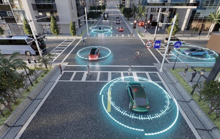 3D top-view render of autonomous vehicles at intersection with radar signals