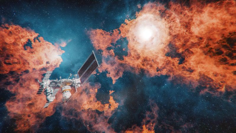 Orbital station in deep space. This is entirely 3D generated image., Space environment is without a single photo pixel from any of the space agency images. Orbital station is Gateway Lunar Space Station intended for Earth's Moon, depicted here traveling to different galaxy.