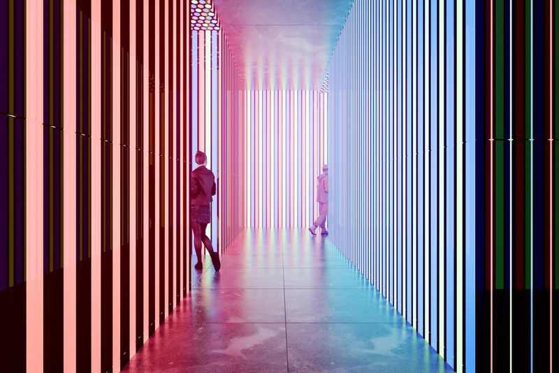 Women walking in futuristic urban corridor. 3D generated image.