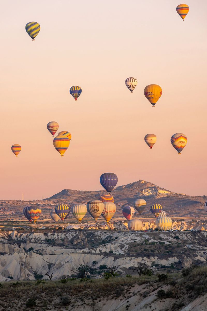 Colorful hot air balloons flying over Cappadocia,Turkey
