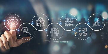 Digital icons representing business growth and teamwork.