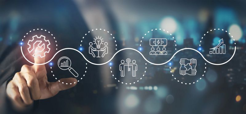 Business improvement and solution strategy. Interfacing with floating icons analytics, innovation, teamwork, process, collaboration and growth. Strategic planning and continuous improvement.