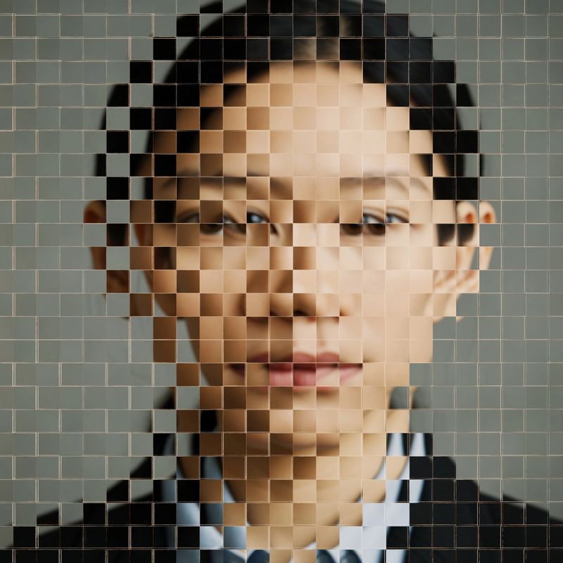 Virtual identity in the metaverse: one avatar is being digitally formed. A CGI 3D  head is seen through modelled faceted glass material.