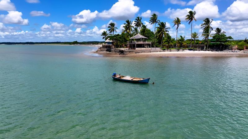 Fishing Boat In Porto Seguro Bahia Brazil. Beach Landscape. Brazilian Northeast. Bahia Brazil. Seascape Outdoor. Fishing Boat In Porto Seguro Bahia. Brazil Discovery Coast.