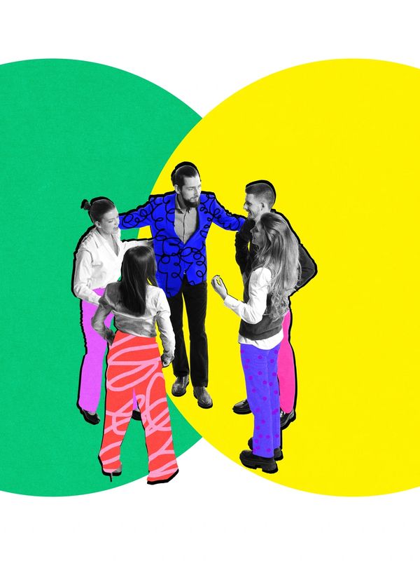 Group of people interacting, highlighted with colorful patterns.